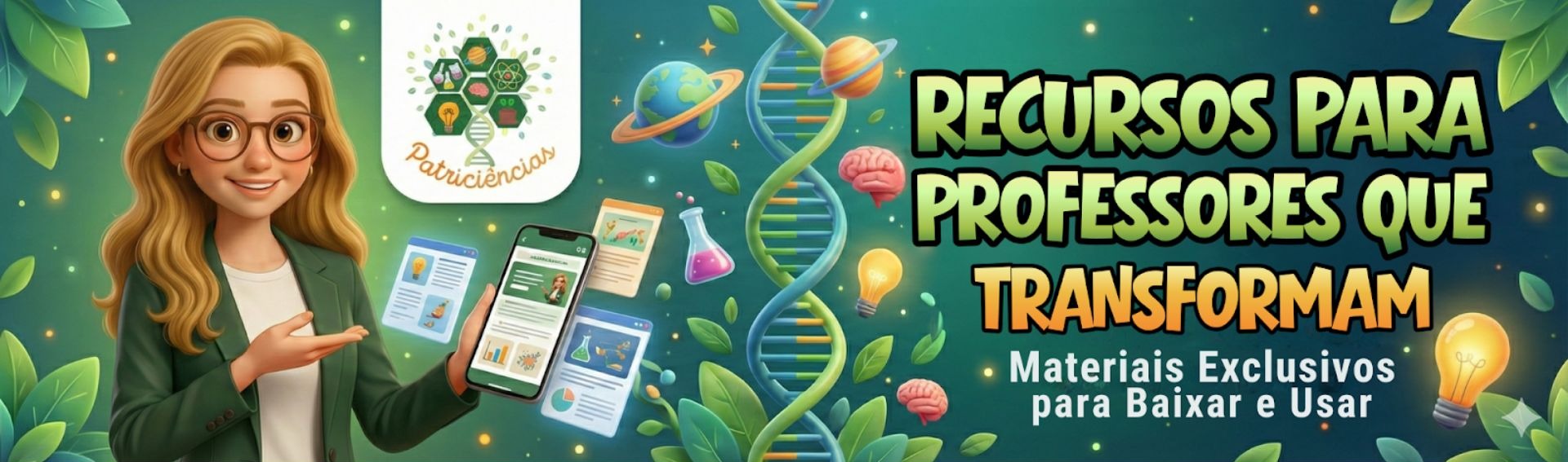 Imagem tem o logotipo do espaço Patriciencias, uma personagem 3d em estilo cartoon ilustrando a professora Patricia Galvão, varios elementos tecnologicos e visuais relacionados a biologia e a frase Recursos para Professores que Transformam com um CTA para fazer o download de materiais