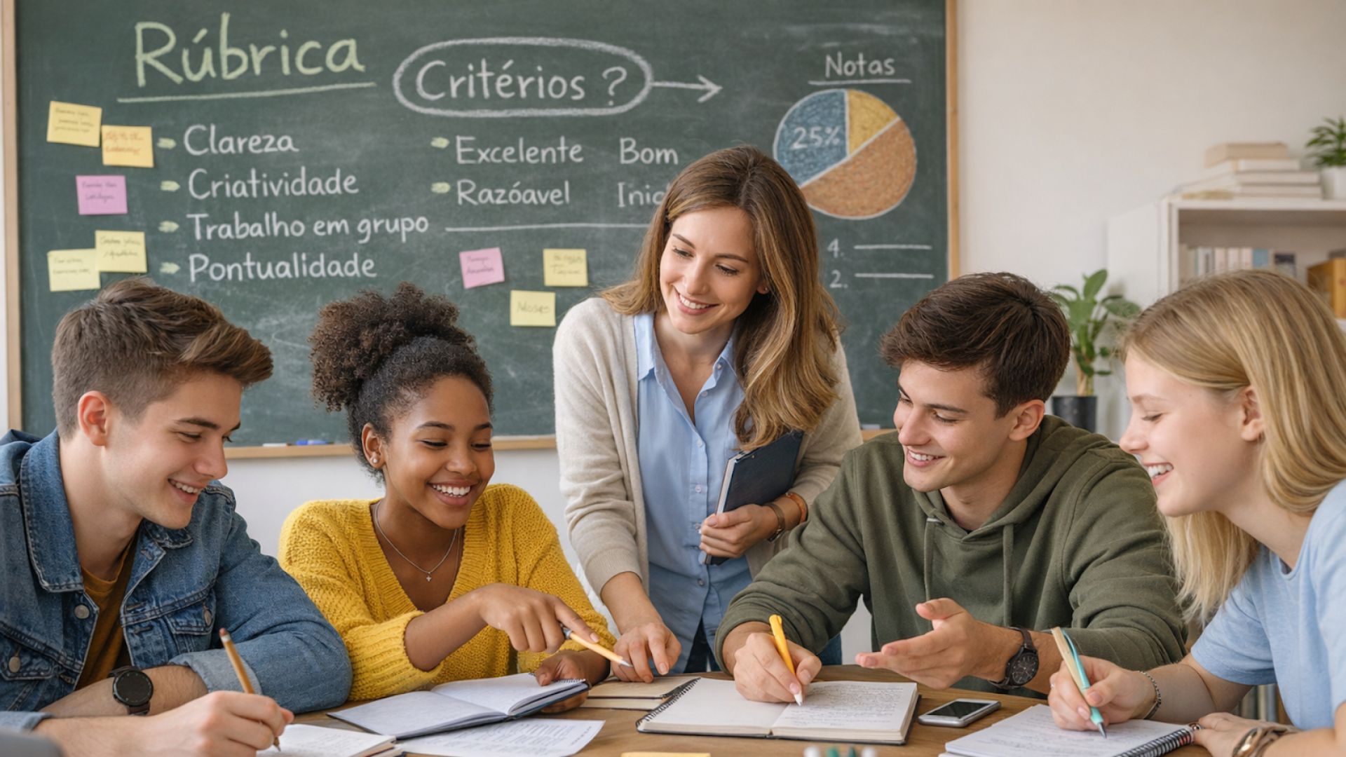 Imagem mostra uma professora em sala de aula com alunos e ao fundo um quadro negro com excplicações sobre Rubricas de Avaliação