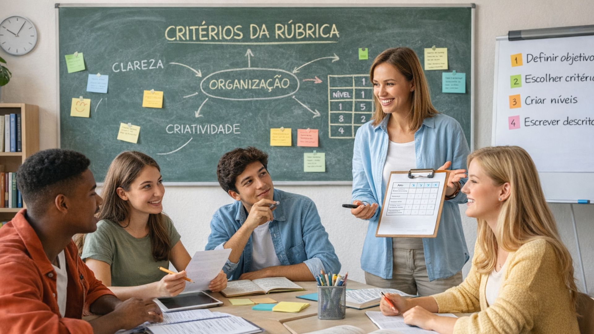 Imagem mostra professora explicando critérios de rubricas de avaliação para alunos