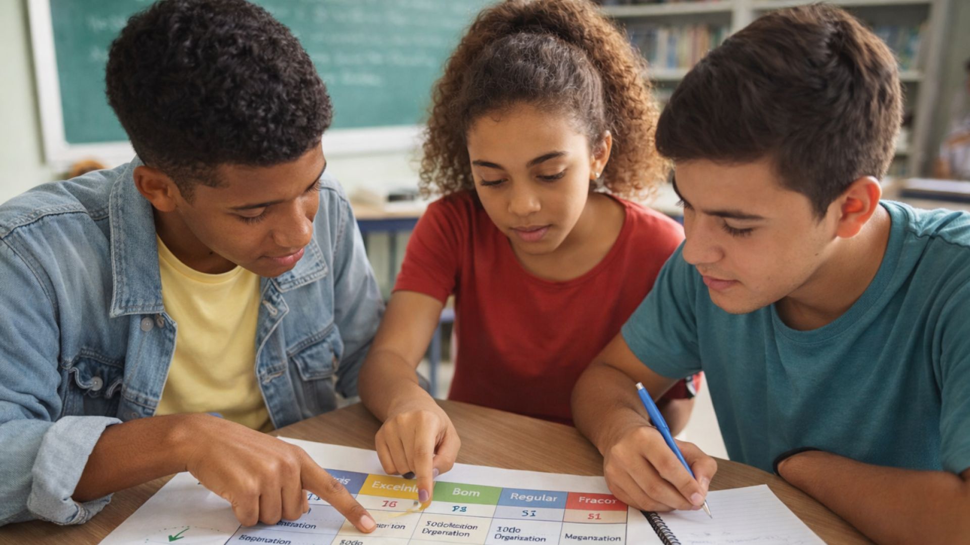 Imagem mostra 3 alunos trabalhando em grupo em uma atividade de rubricas de avaliação