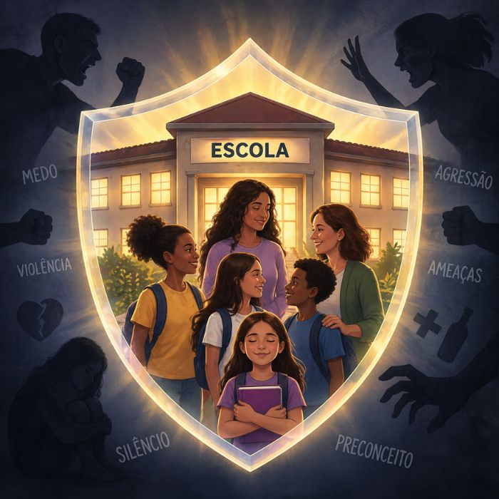 Imagem destacando a figura da escola, professore e alunos como escudo na prevenção do feminicidio no Brasil