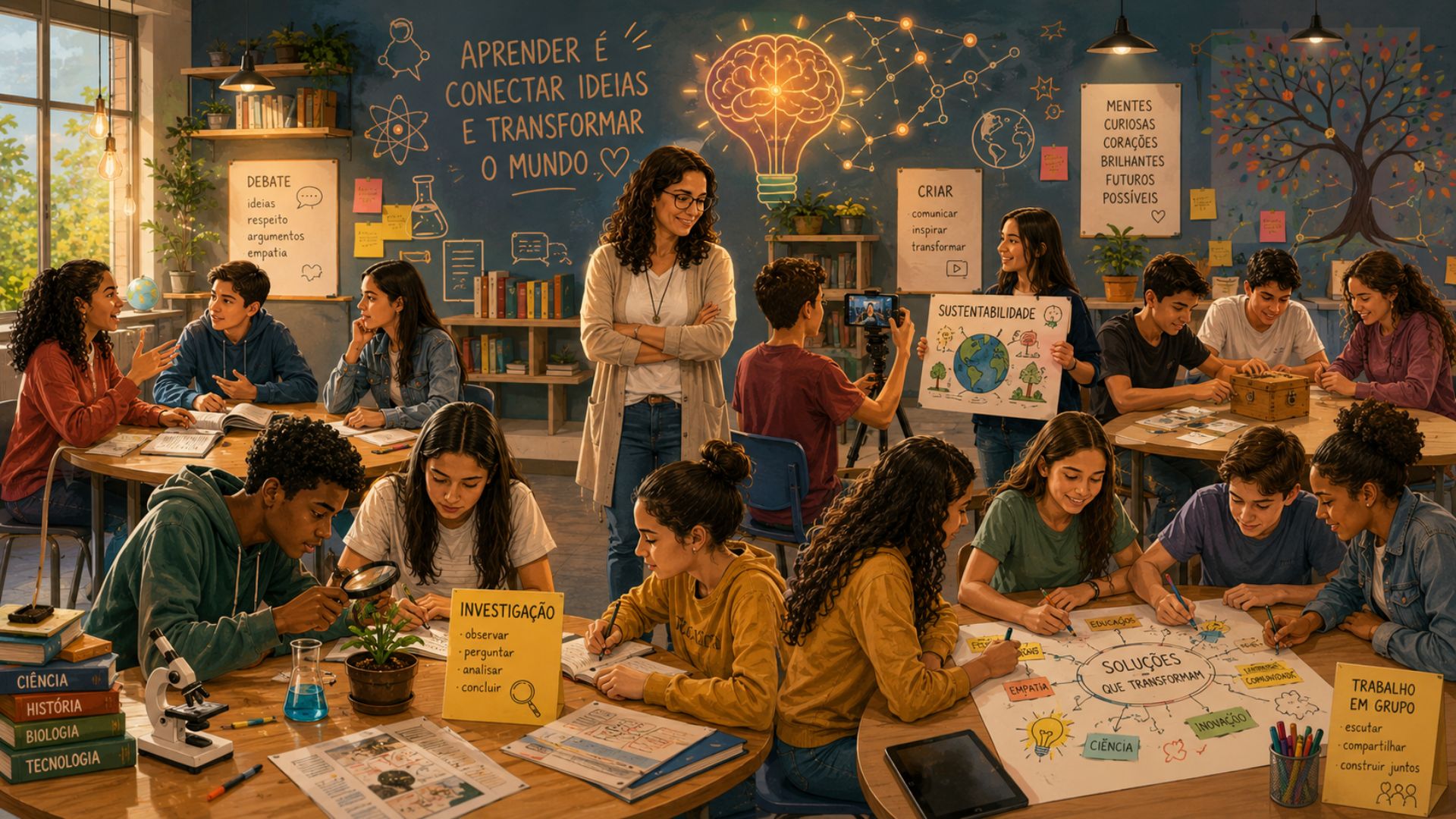 Ambiente escolar vibrante com jovens pesquisando, desenhando e trocando ideias junto à professora, ilustrando atividades lúdicas para aprendizagem na escola.