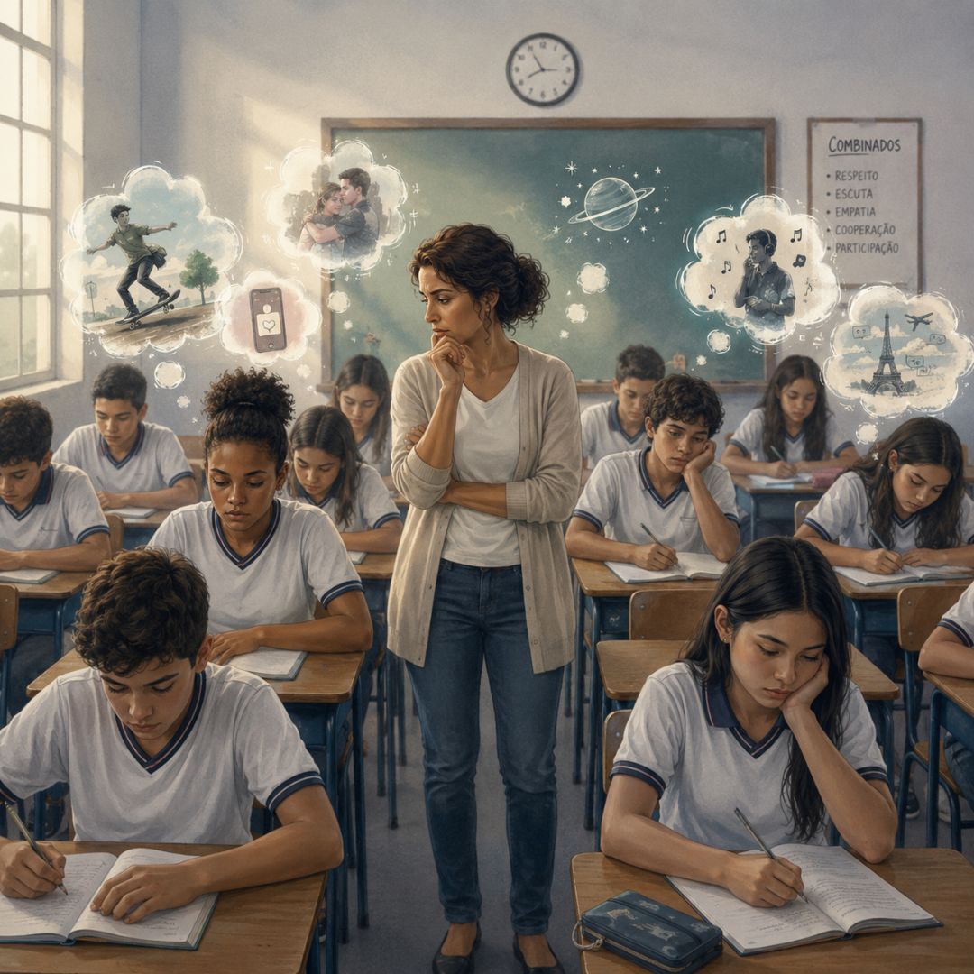 Cena de uma sala de aula com vários alunos concentrados em escrever, enquanto a professora observa, mostrando como 'alunos e aprendizagem na era digital' envolvem imaginação e diferentes formas de pensar.