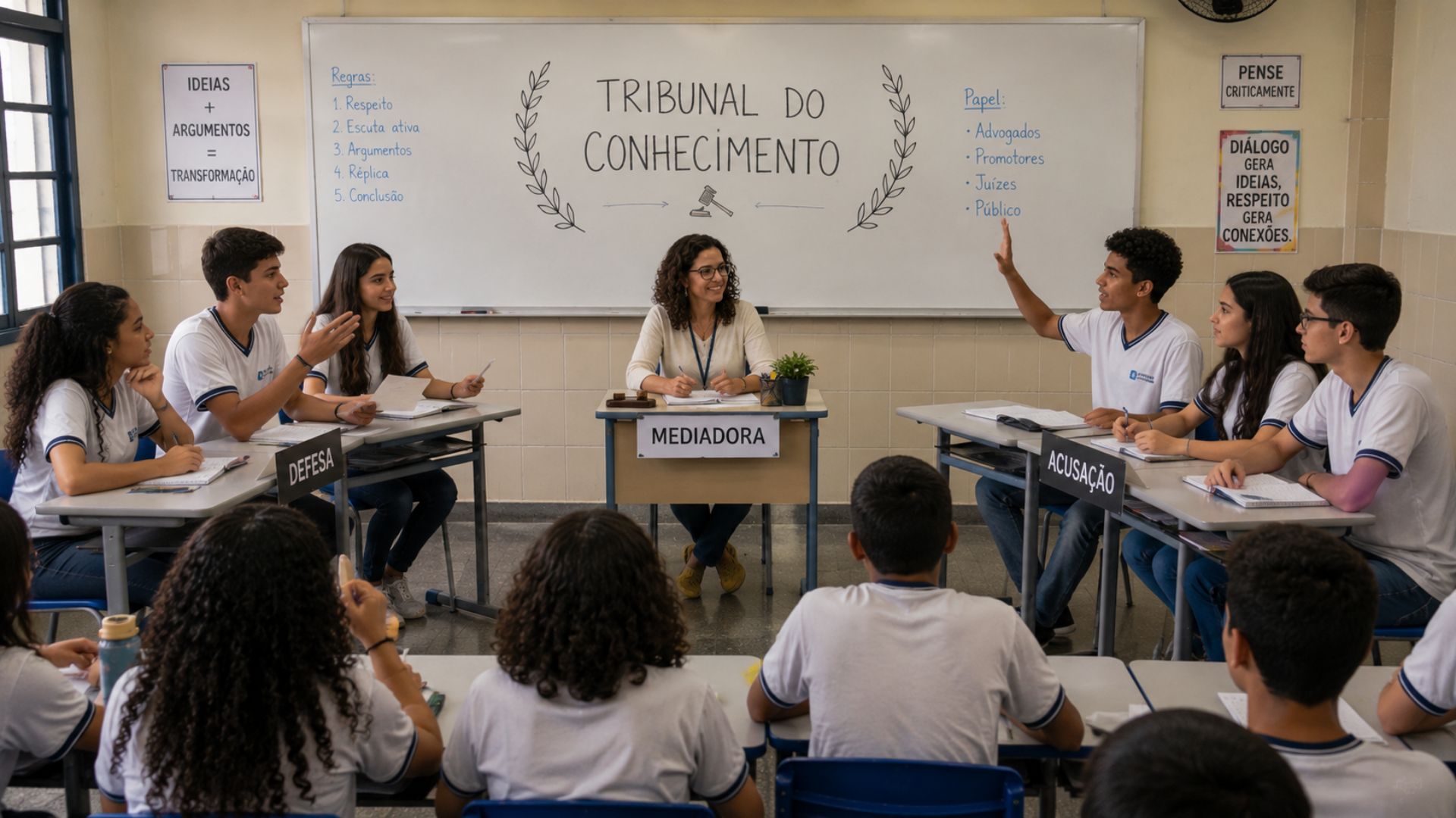 Estudantes reunidos em círculo debatendo um tema com orientação de uma mediadora, ilustrando atividades lúdicas para aprendizagem.
