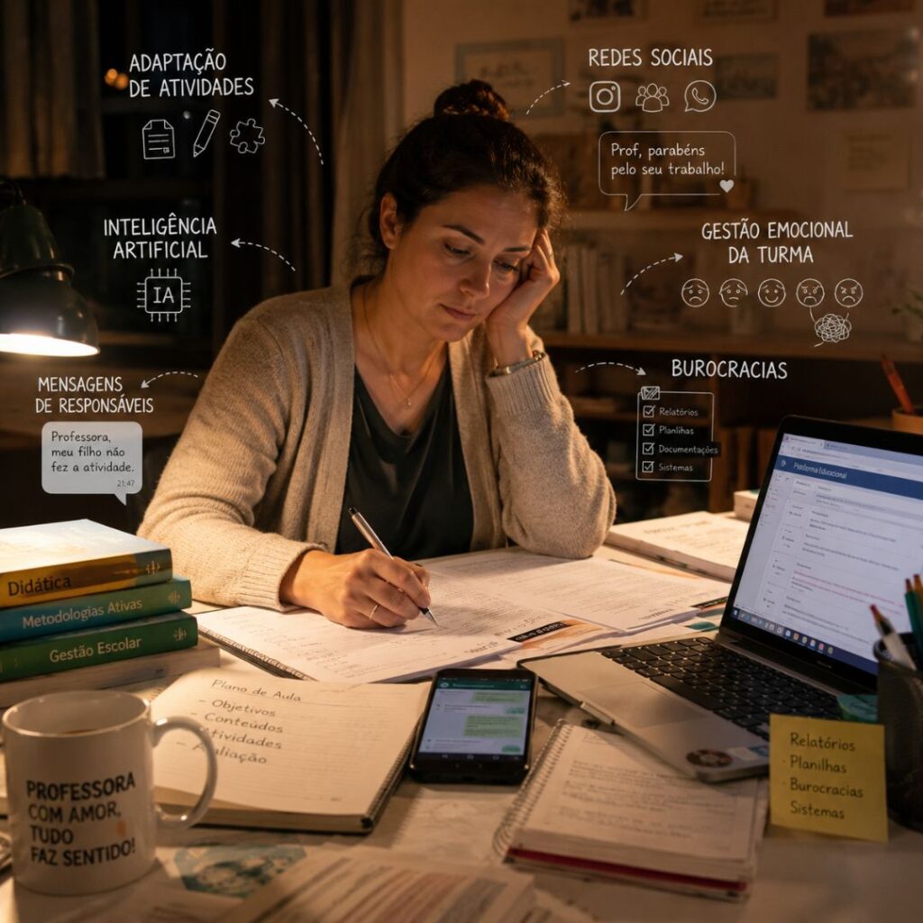 Professora trabalhando à noite em uma mesa cheia de livros, papéis e um laptop, mostrando desafios da rotina enquanto pensa em como apoiar alunos e aprendizagem na era digital.