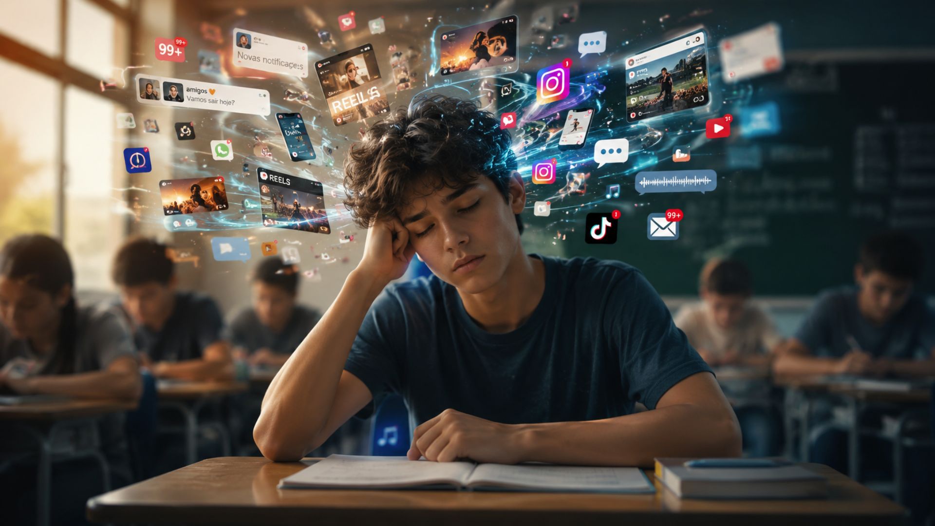 Aluno tentando se concentrar no estudo enquanto conteúdos digitais surgem ao redor, simbolizando como alunos e aprendizagem na era digital enfrentam muitas distrações.