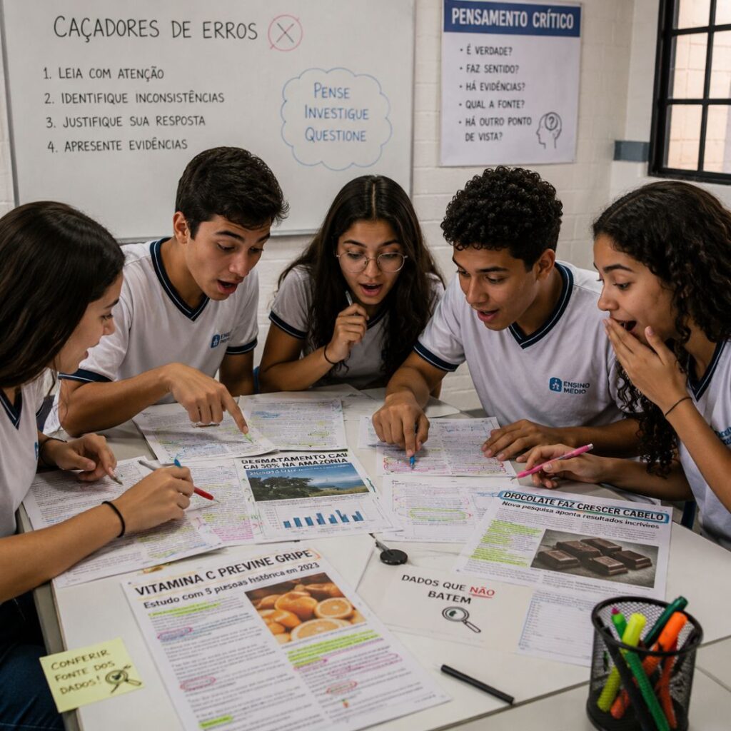 Cinco estudantes concentrados em resolver desafios em equipe, usando materiais impressos e conversando animadamente, mostrando atividades lúdicas para aprendizagem.