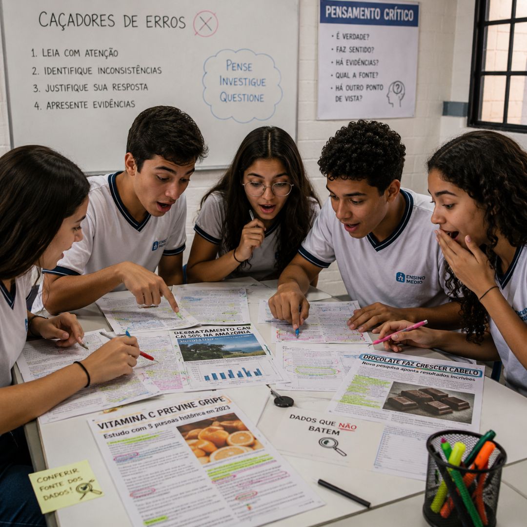 Cinco estudantes concentrados em resolver desafios em equipe, usando materiais impressos e conversando animadamente, mostrando atividades lúdicas para aprendizagem.