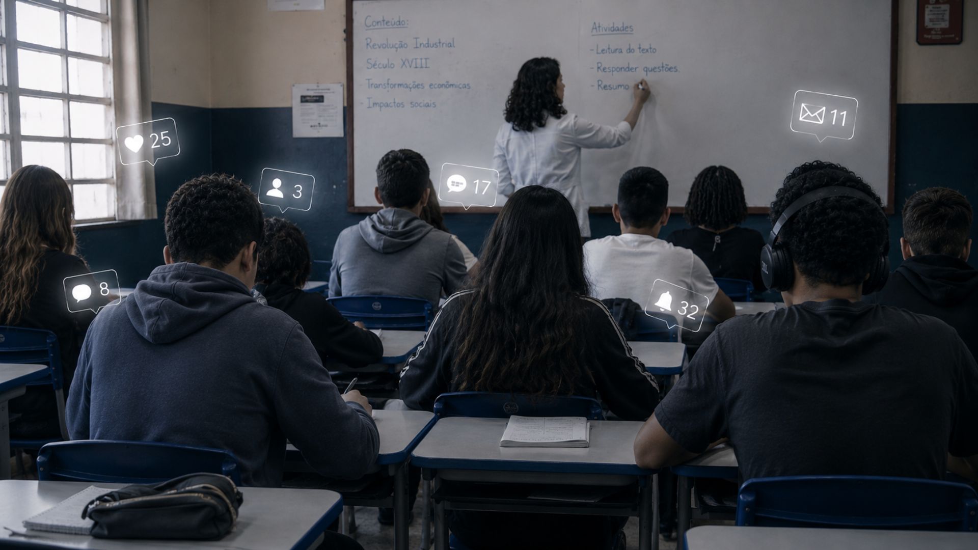 Sala de aula com alunos atentos enquanto uma professora escreve no quadro, mostrando como alunos e aprendizagem na era digital convivem com notificações ao redor.
