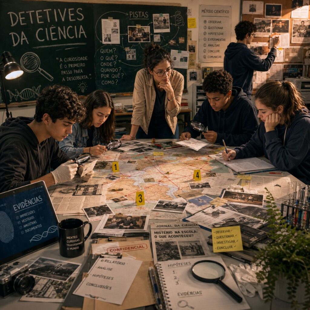 Cena de sala de aula temática onde alunos exploram pistas e materiais investigativos como parte de atividades lúdicas para aprendizagem, em clima de mistério e descoberta.