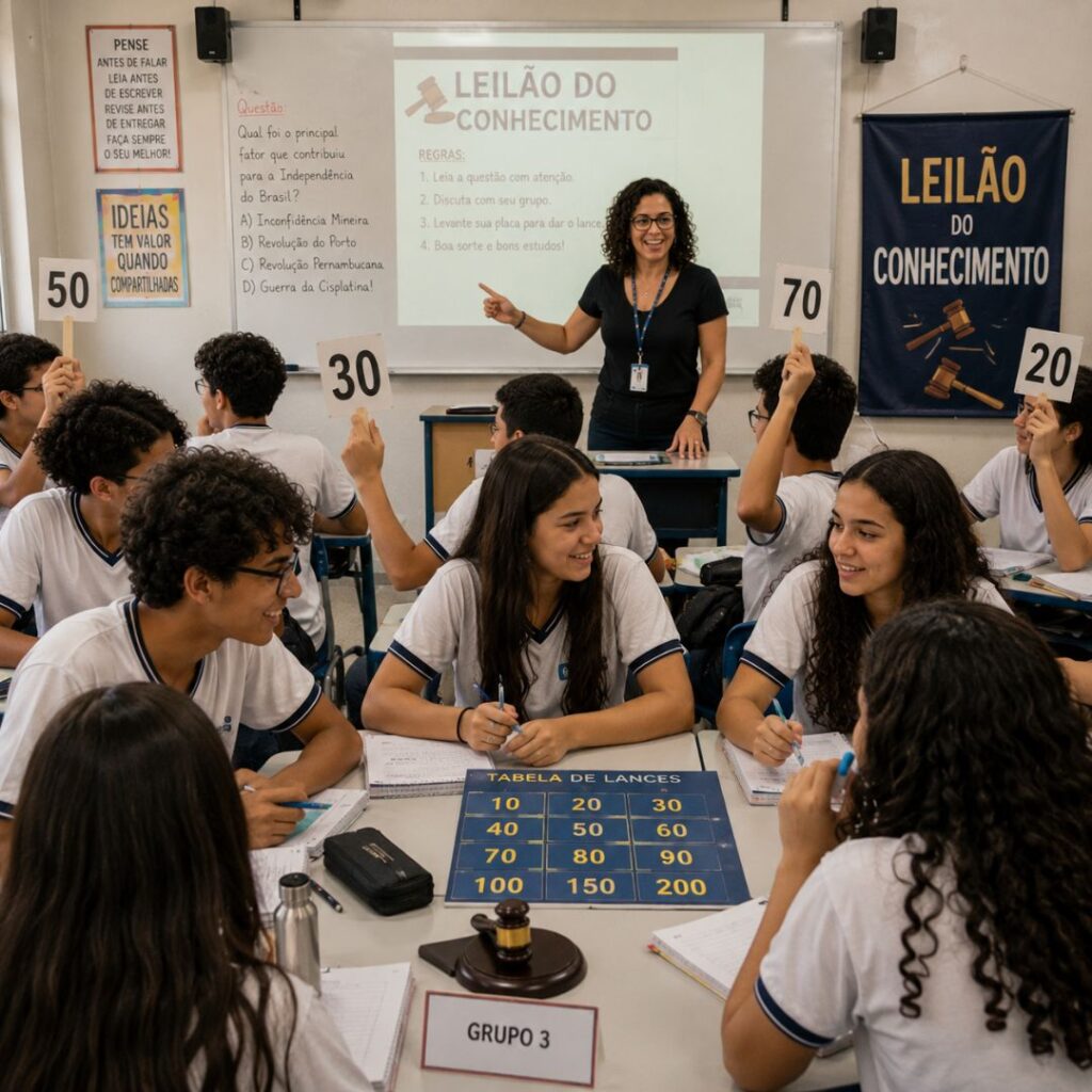 Cena de sala de aula temática onde uma professora aplica uma atividade de leilão do conhecimento como parte de atividades lúdicas para aprendizagem na escola