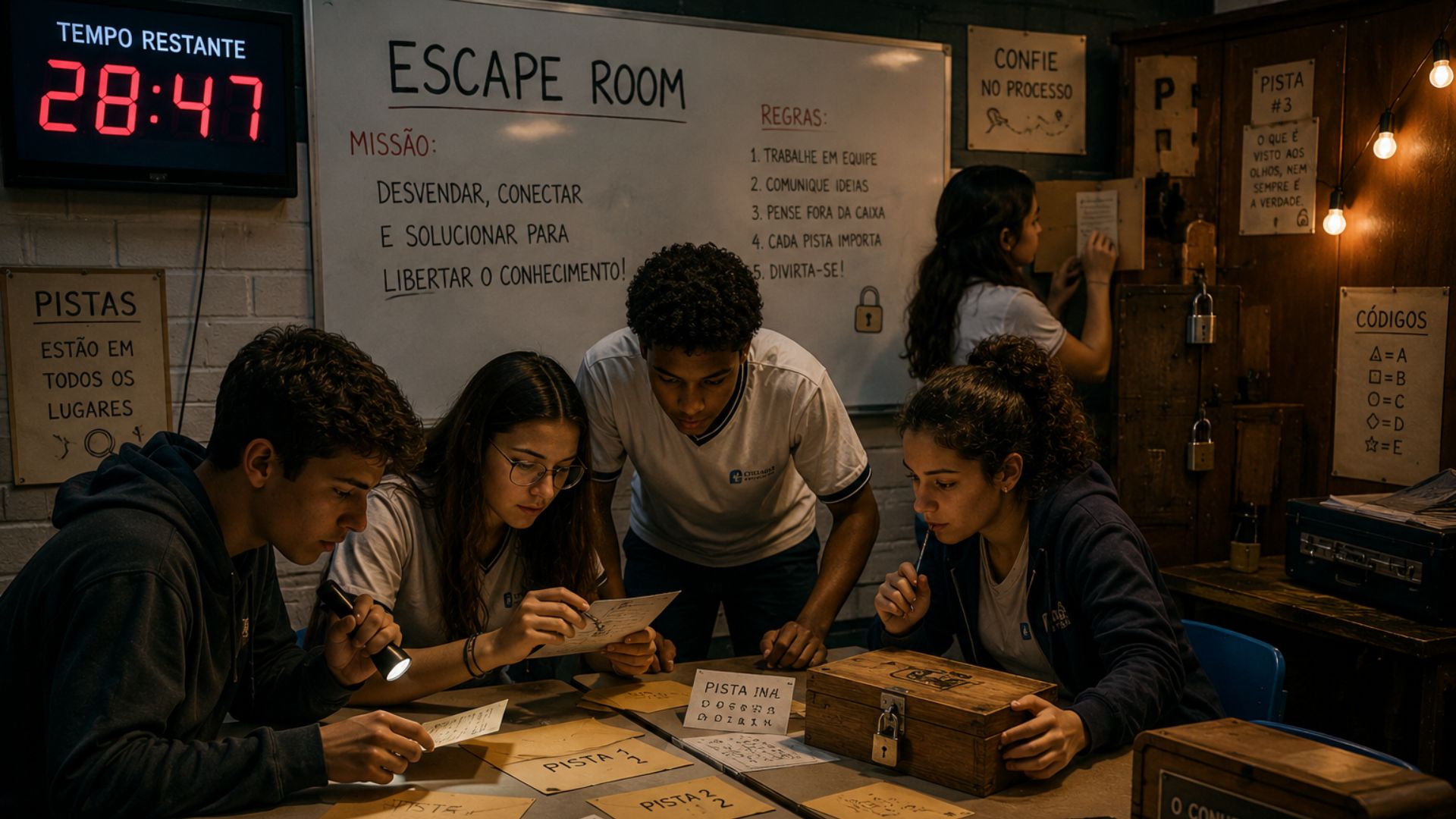 Alunos concentrados em pistas e códigos dentro de um escape room escolar, mostrando atividades lúdicas para aprendizagem na escola.