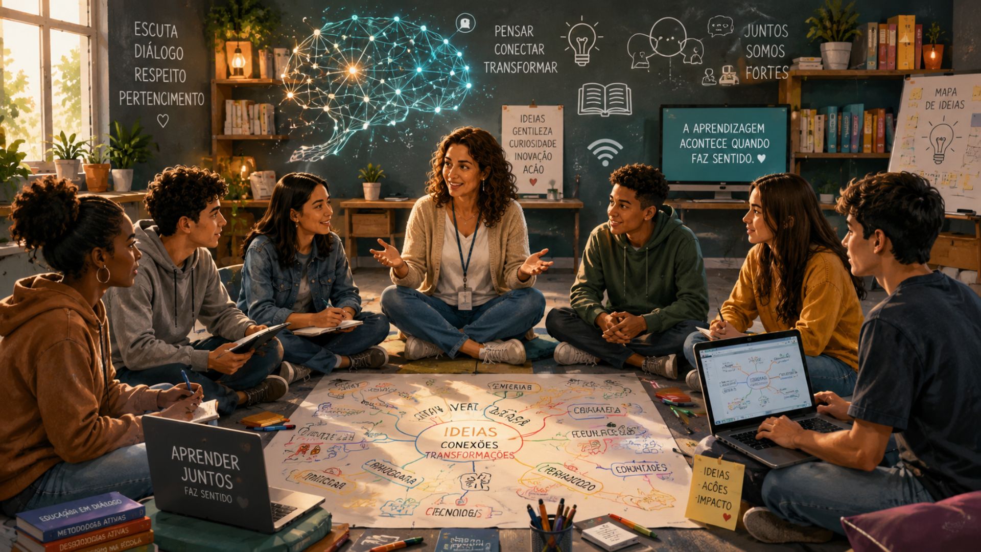 Grupo de alunos sentados em roda com uma educadora, explorando mapas, desenhos e telas digitais, mostrando alunos e aprendizagem na era digital.