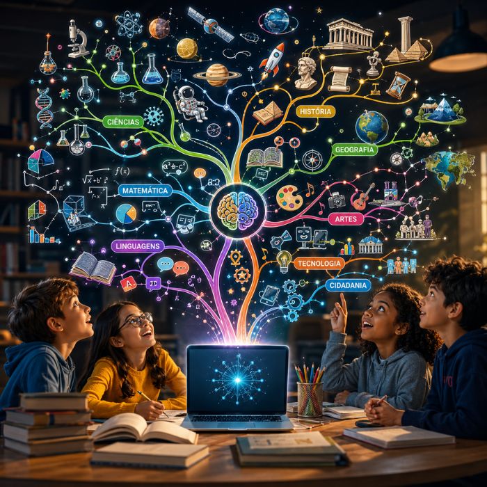 Quatro alunos infantis olham para um laptop aberto enquanto uma árvore cheia de símbolos escolares cresce digitalmente da tela, ilustrando o uso do NotebookLM na Educação.