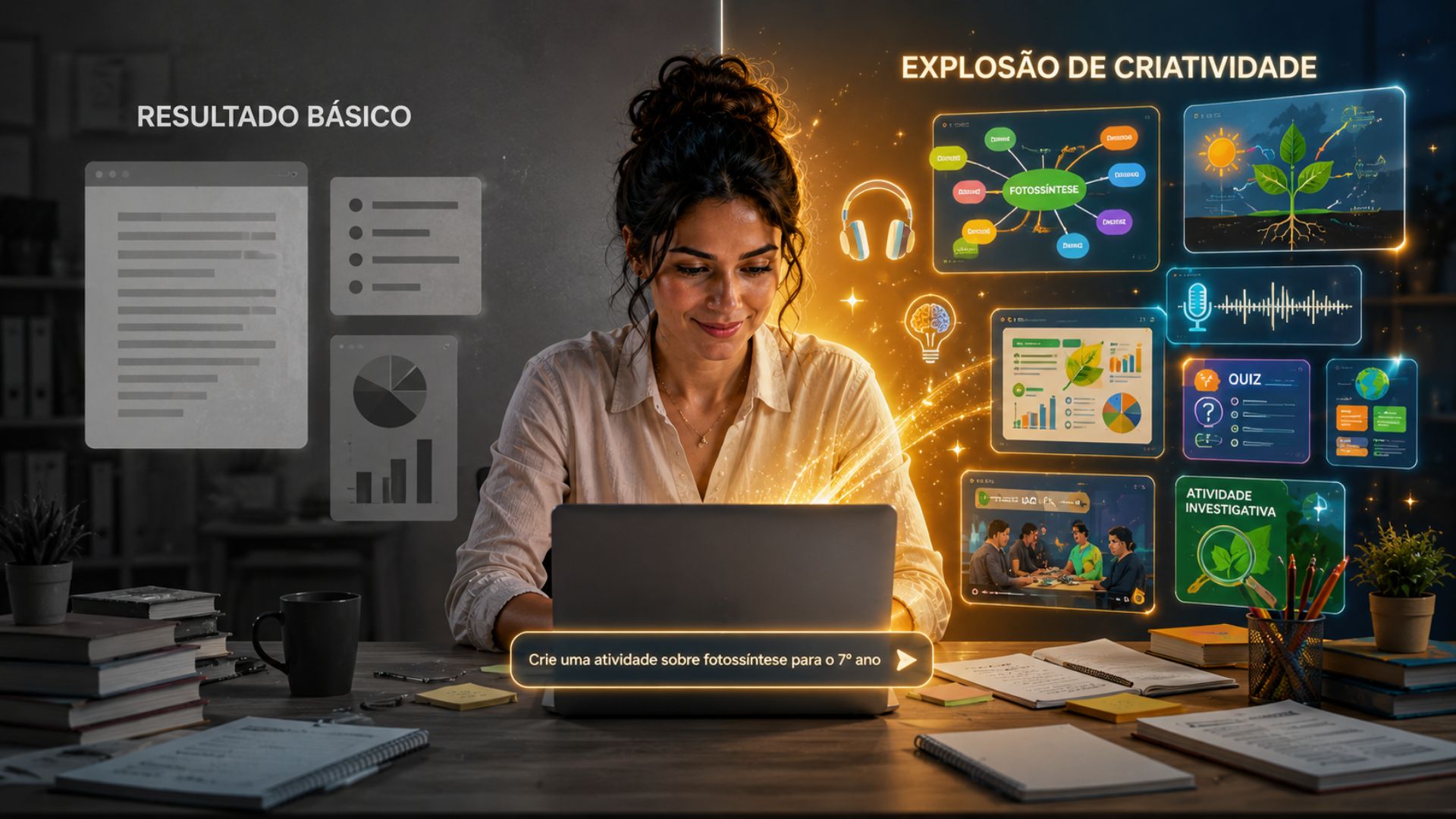 Professora trabalhando no laptop em um ambiente de estudo; ao redor dela surgem ícones e telas vibrantes representando ideias e atividades, ilustrando o impacto do NotebookLM na educação.