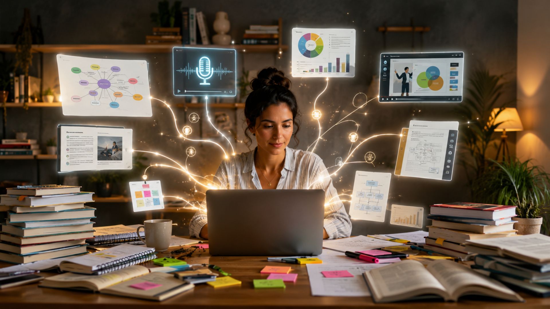 Professora em uma mesa cheia de livros enquanto usa um laptop, com telas digitais flutuando ao redor mostrando gráficos e anotações, ilustrando como o NotebookLM na educação organiza conteúdos de forma inteligente.