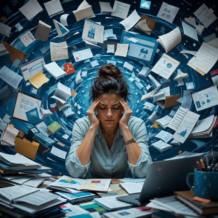 Professora sobre uma mesa cheia de materiais, enquanto papéis flutuam ao redor dela, mostrando um momento de estresse e acúmulo de tarefas.
