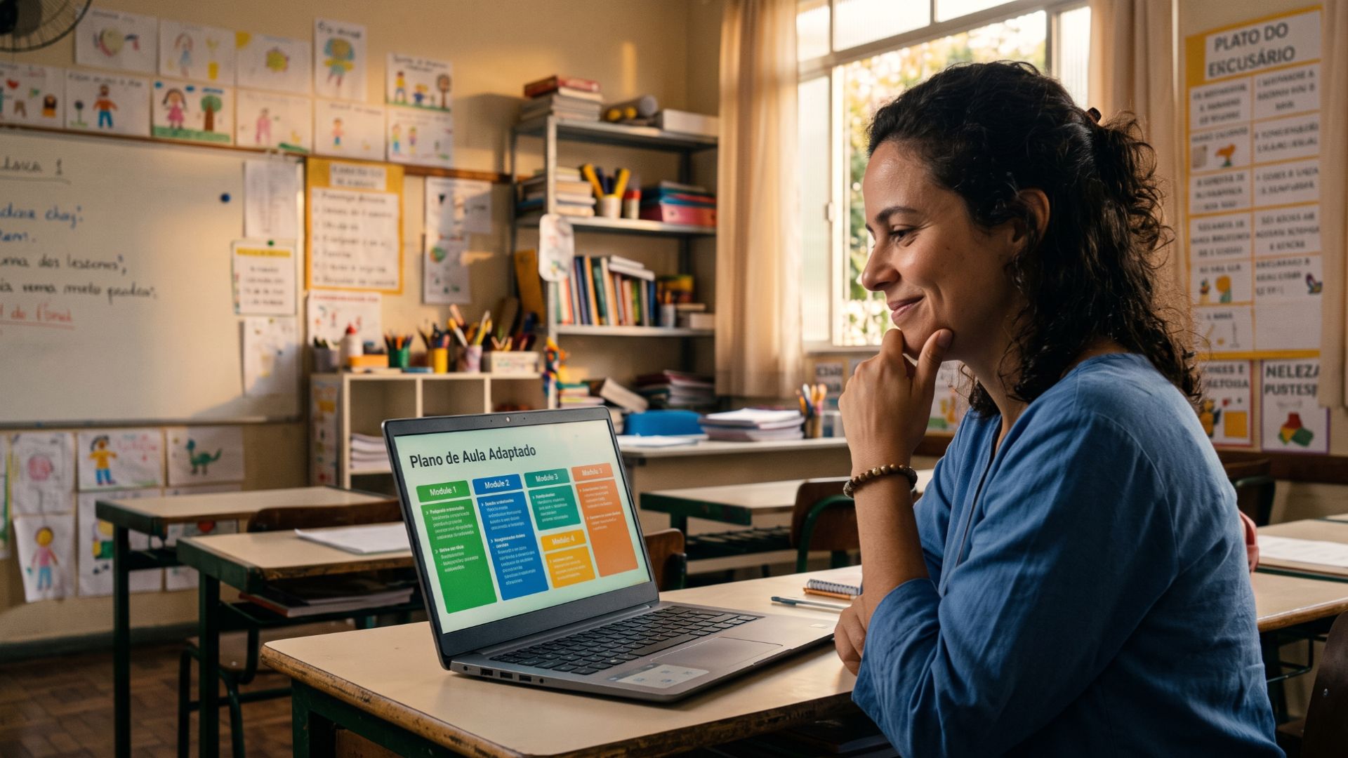 Imagem mostra professora em um notebook planejando atividades para Educação Especial na prática