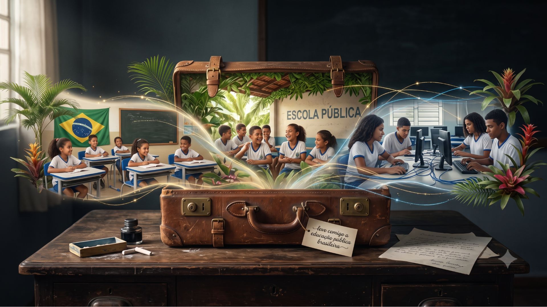 Ilustração mostrando uma mala aberta revelando uma sala de aula de escola pública, com estudantes aprendendo em carteiras e em computadores, representando transformação educacional. Palavra‑chave: Google for Education Innovator.