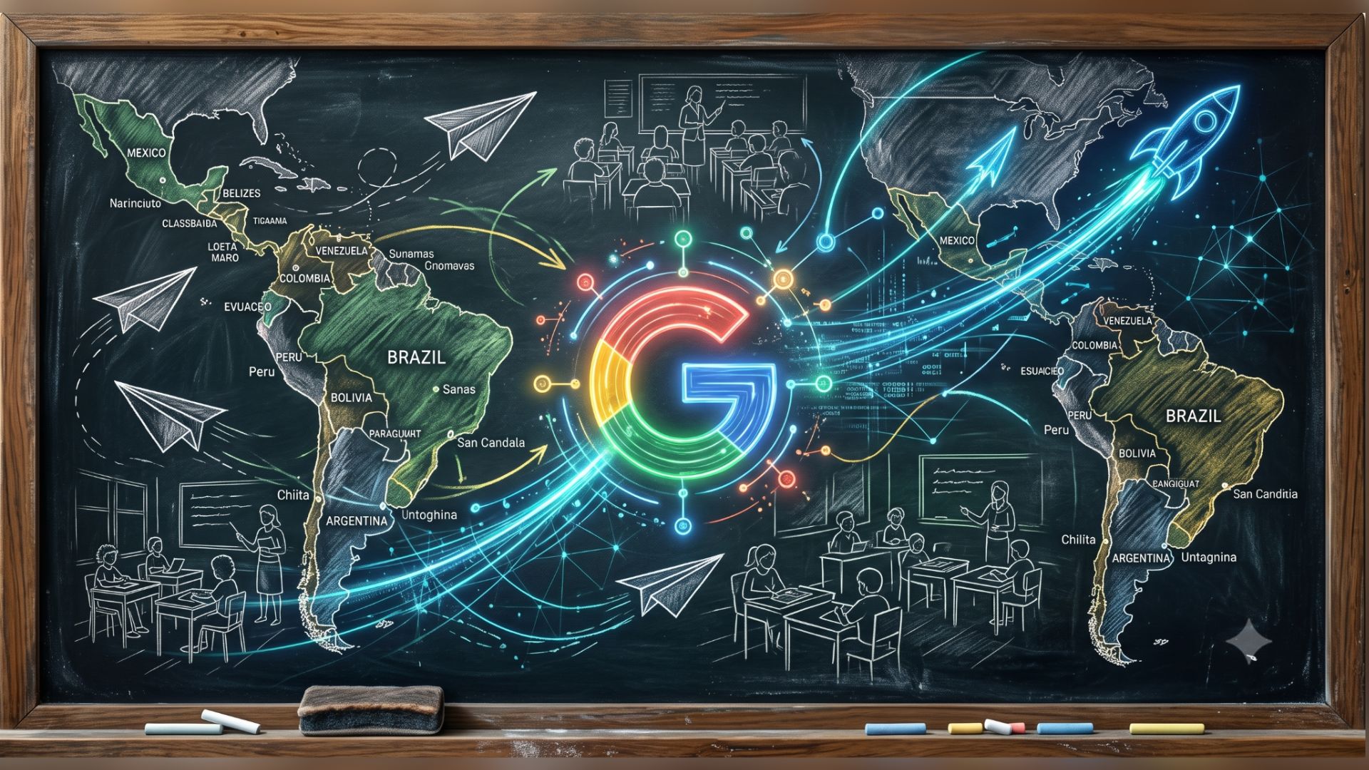 Imagem ilustrativa do Google for Education Innovator com um mapa mundi ao fundo e em promeiro plano o logotipo do google com setas em varias direções ilustrando a presença global do programa.