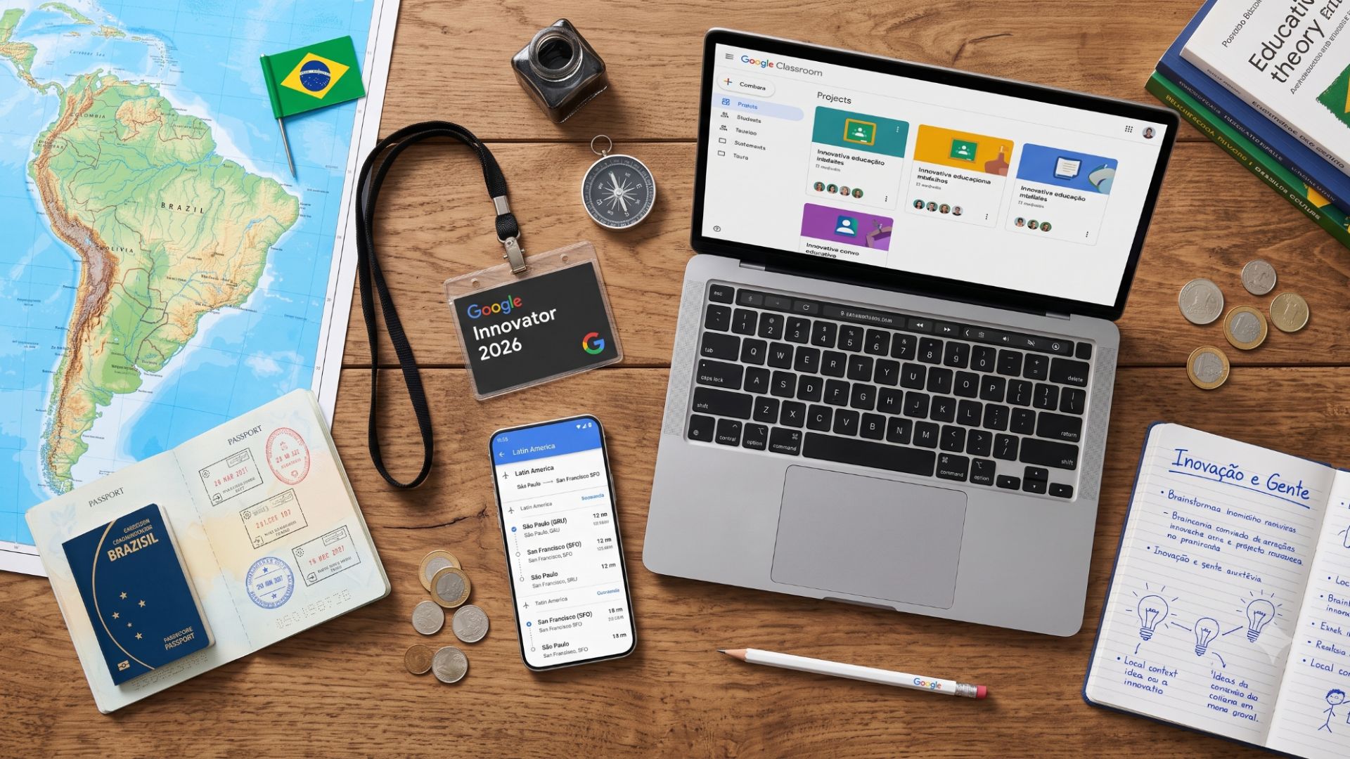 Imagem com uma vista superior de uma mesa com um mapa, notebook e cadernos de anotação para o Programa Google for Education Innovator