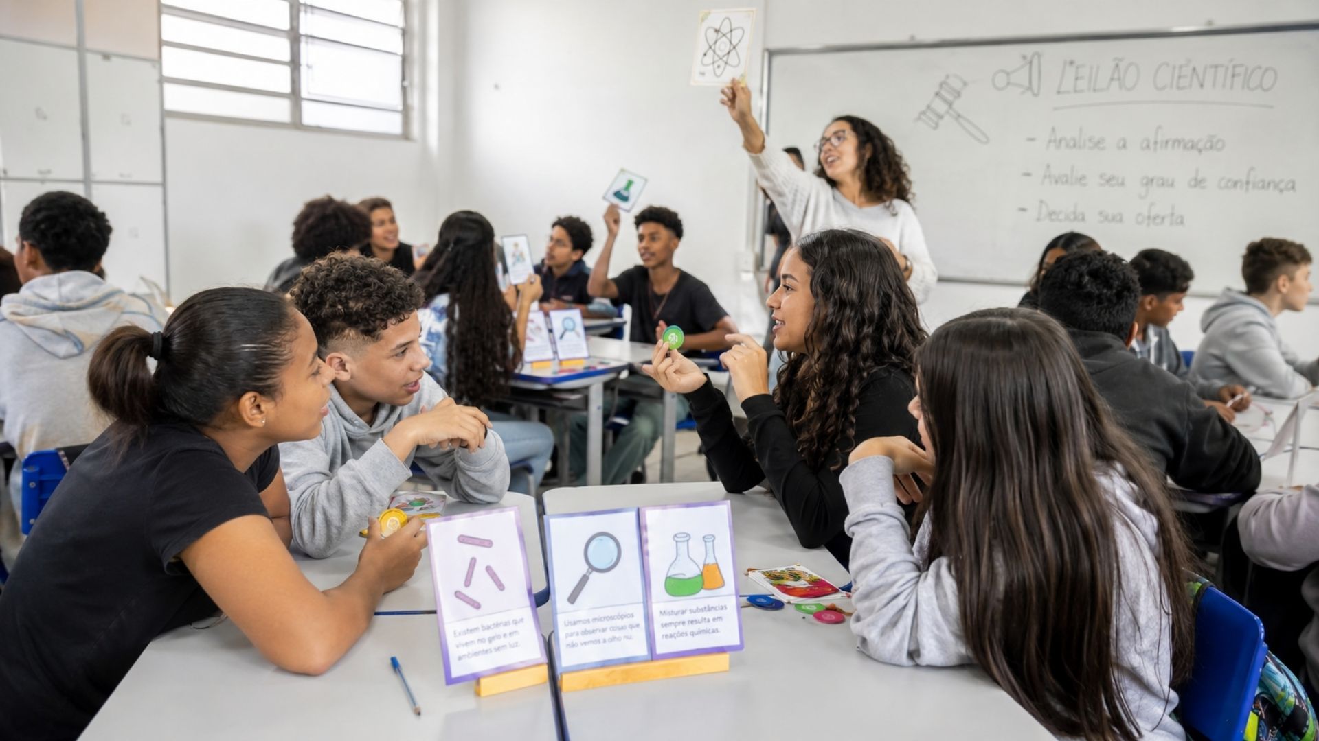 Imagem ilustra professora e alunos realizando atividades em sala de aula