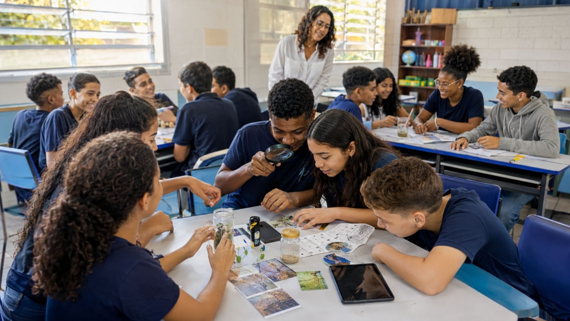 Imagem ilustra professor em aplicando atividades em sala de aula cheia de alunos divididos em grupos