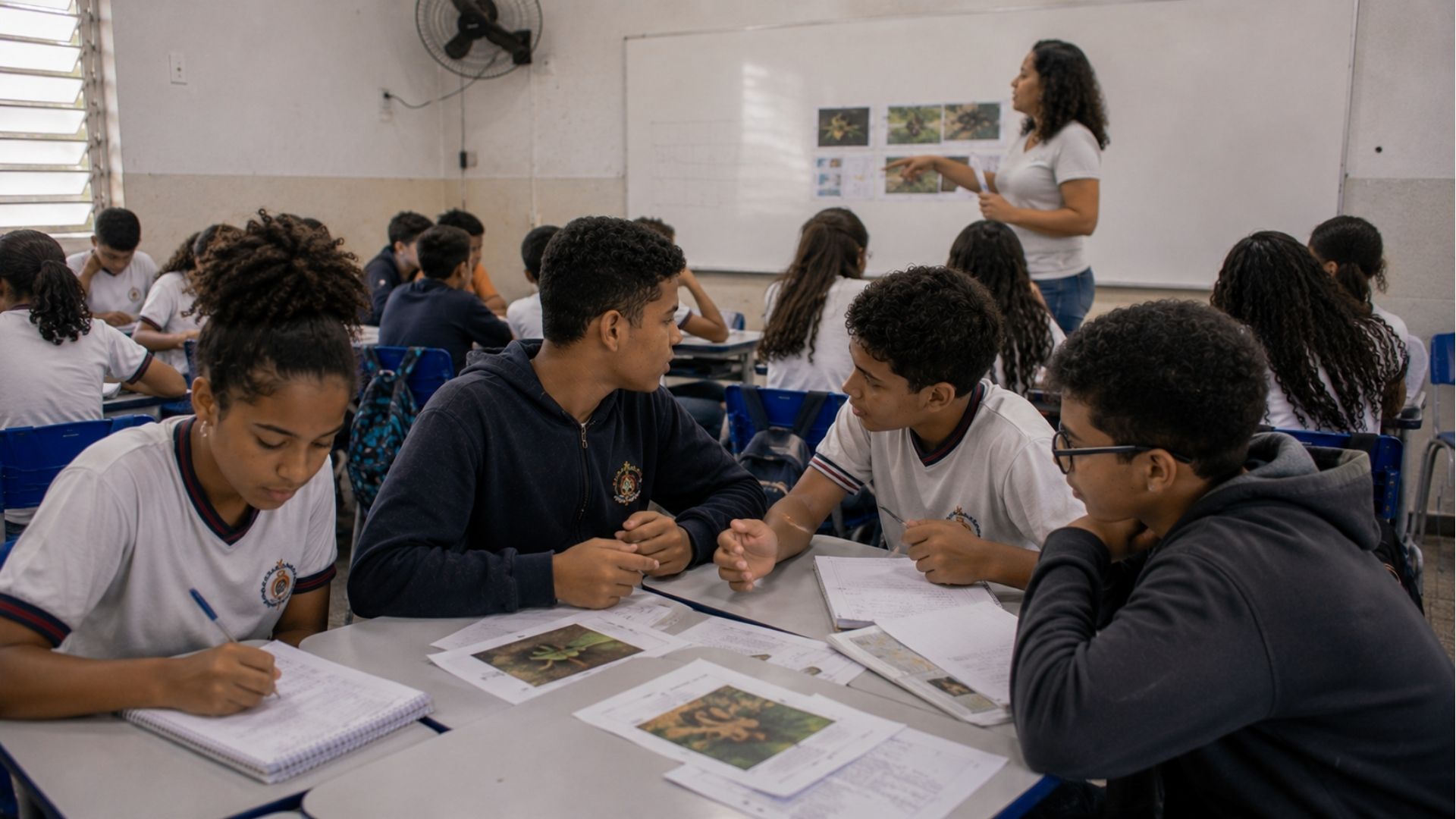 Imagem ilustra sala de aula com professora criando Desafios e perguntas para aumentar o engajamento escolar