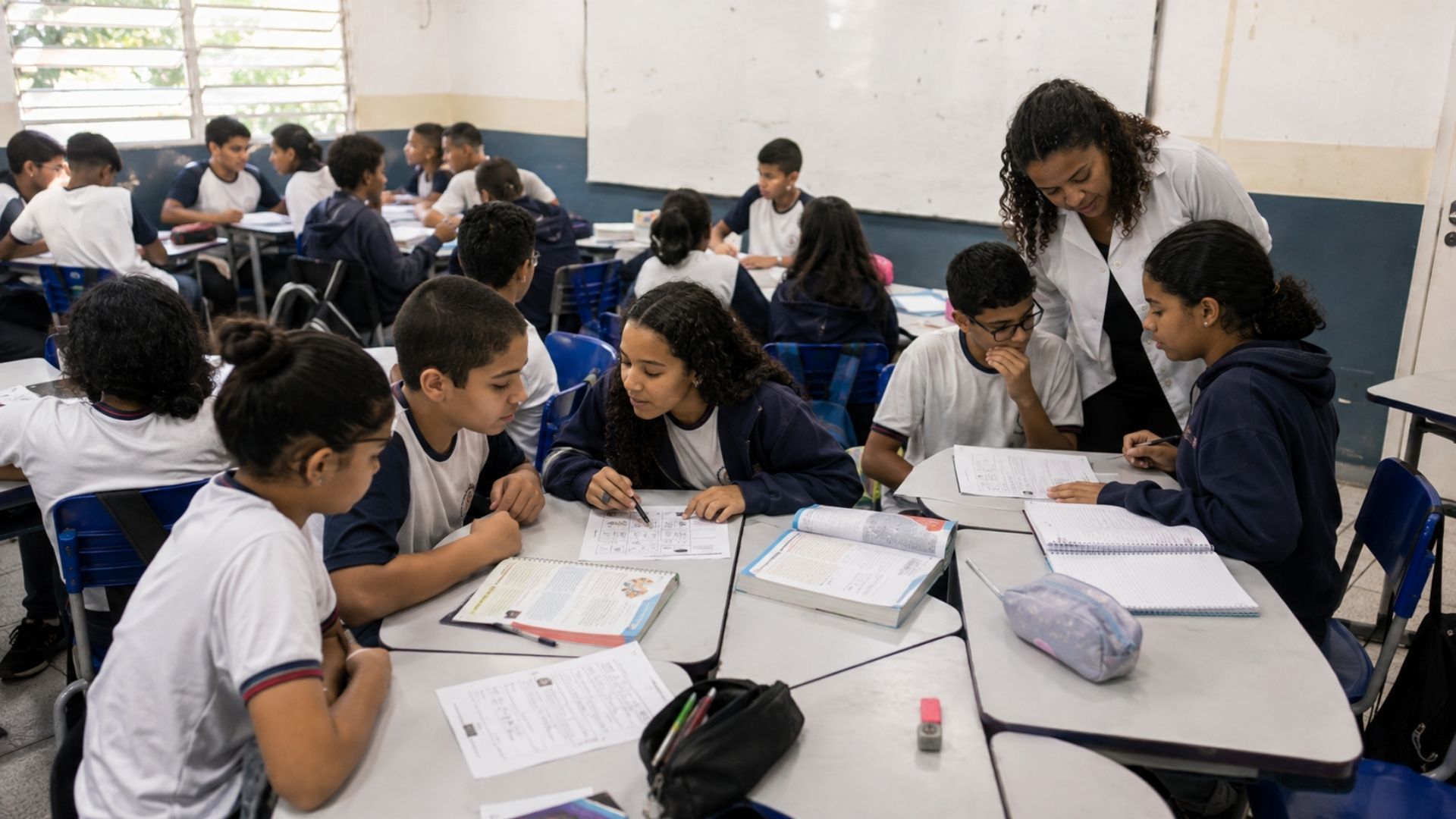 Imagem ilustra professor e alunos em atividades para sala de aula